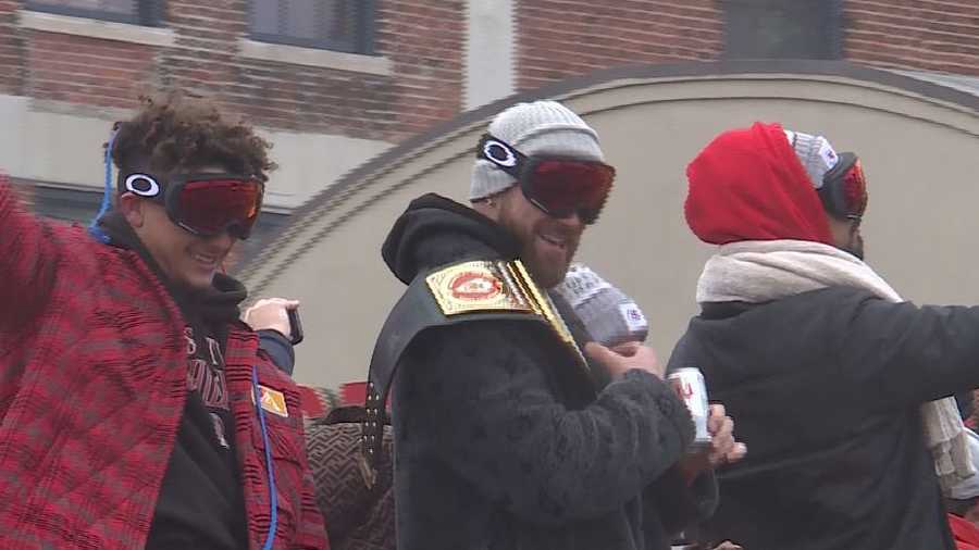 Travis Kelce Boozin' in $20k Louis Vuitton Coat At Chiefs Parade