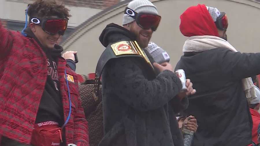 Coat Travis Kelce wore for victory parade, rally costs $18,600