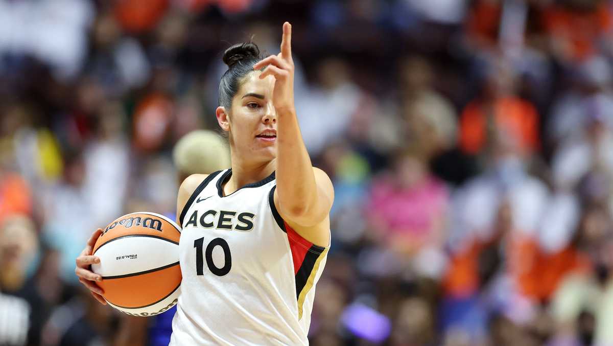 Kelsey Plum of the Las Vegas Aces celebrates during the 2022 WNBA