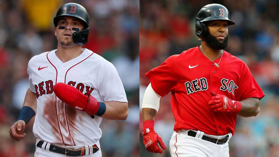 Boston Red Sox utility player Enrique "Kiké" Hernández, left, and Red Sox utility player Danny Santana during the 2021 season. (AP Photo)