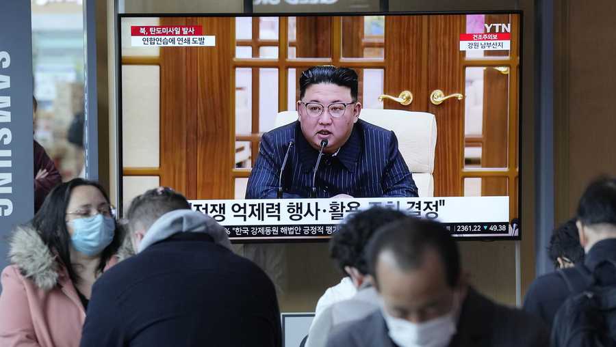 A TV screen shows a file image of North Korean leader Kim Jong Un during a news program at the Seoul Railway Station in Seoul, South Korea, Tuesday, March 14, 2023. North Korea test-fired a few short-range ballistic missiles toward its eastern waters Tuesday in Pyongyang&apos;s second show of force this week, officials said, a day after the beginning of U.S.-South Korean military drills that the North views as an invasion rehearsal.