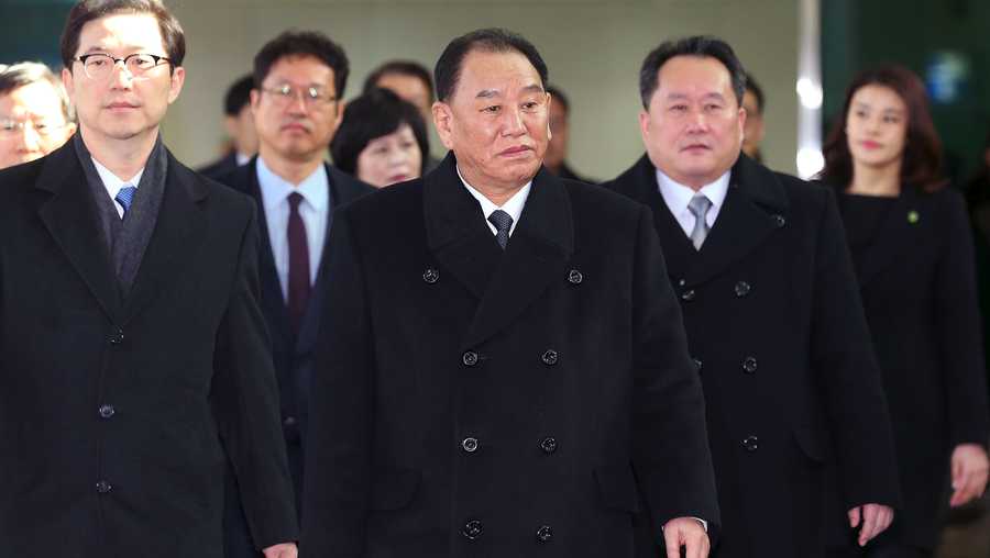 Kim Yong Chol (C), who leads a North Korean high-level delegation to attend the Pyeongchang 2018 Winter Olympic Games closing ceremony, arrives at the inter-Korea transit office in Paju on February 25, 2018. 