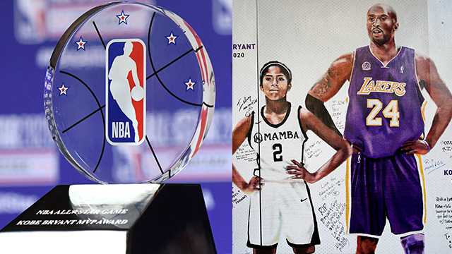 The NBA All-Star Game Kobe Bryant MVP Award is displayed, and a memorial depicts Kobe Bryant and his daughter Gianna.