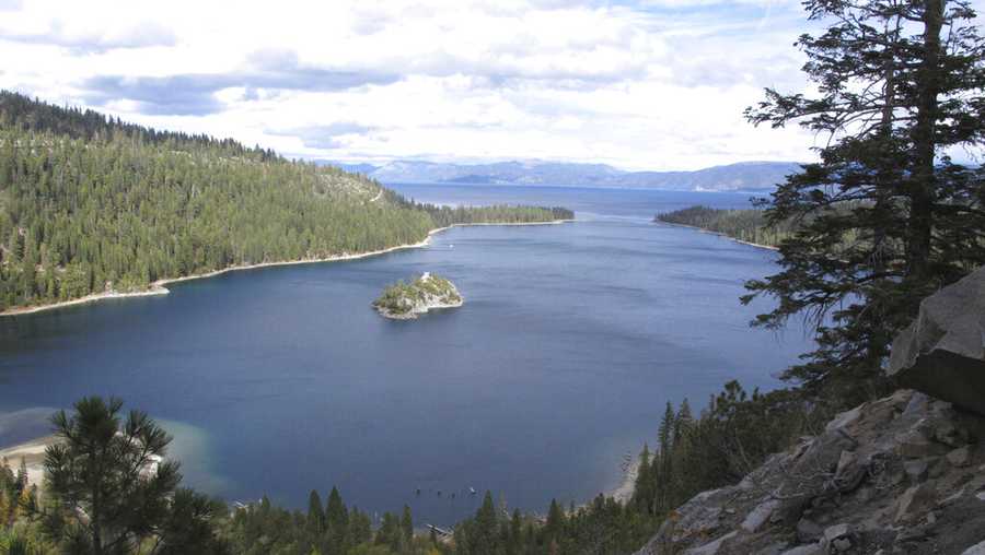 This photo taken Oct. 20, 2021 shows Emerald Bay&apos;s mouth to Lake Tahoe, where a submerged telephone cable was abandoned decades ago. AT&T&apos;s Pac Bell subsidiary recently settled a lawsuit filed by the California Sportfishing Protection Alliance by agreeing to remove 8 miles of cable that is leaking toxic lead into the alpine lake on the California-Nevada line. (AP Photo/Scott Sonner)