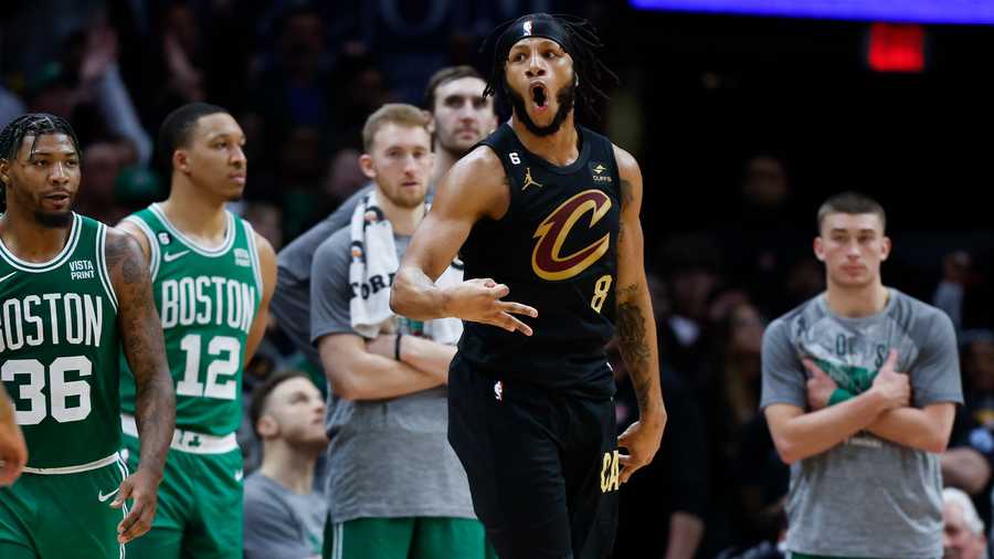Cleveland Cavaliers forward Lamar Stevens (8) celebrates after making a three point shot against the Boston Celtics during the second half of an NBA basketball game, Monday, March 6, 2023, in Cleveland.