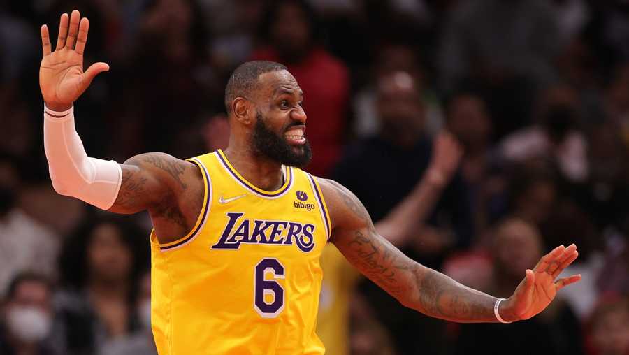 HOUSTON, TEXAS - DECEMBER 28: LeBron James #6 of the Los Angeles Lakers reacts to a call during the second half against the Houston Rockets at Toyota Center on December 28, 2021 in Houston, Texas.