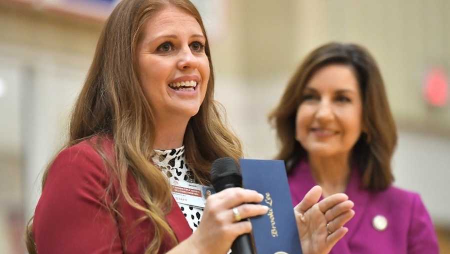 Brooke Lee, an eighth-grade teacher at Will Rogers Junior High in Claremore, was surprised with the award during an all-school assembly.