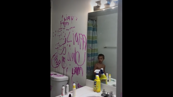Video: Toddler blames 'monster' for paint on bathroom wall