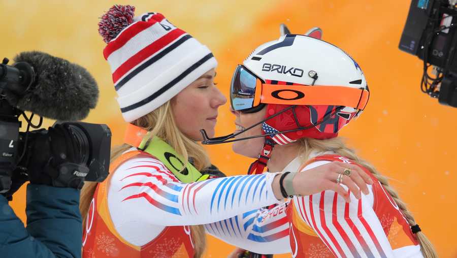 Silver medalist, Mikaela Shiffrin of the United States is congratulated by Lindsey Vonn of the United States during the Ladies' Alpine Combined on day thirteen of the PyeongChang 2018 Winter Olympic Games at Yongpyong Alpine Centre on February 22, 2018 in Pyeongchang-gun, South Korea.