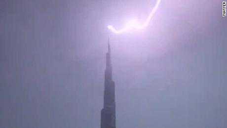 Thunderstorms turned the Burj Khalif, in Dubai, into a giant lightning rod.
