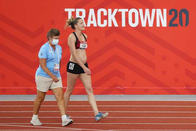 Lindsay Flach walks from the track after dropping out of the Women's Heptathlon 800 Meters during day ten of the 2020 U.S. Olympic Track &amp; Field Team Trials at Hayward Field on June 27, 2021 in Eugene, Oregon.