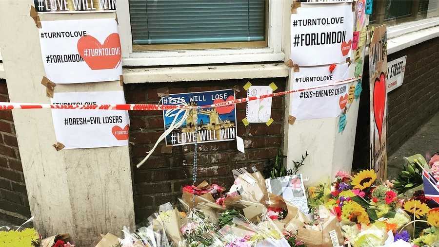 Flowers are laid at a memorial around the London Bridge area in honor of the victims of the London Bridge terror attack