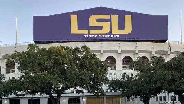 LSU sign that sits on top of the north endzone