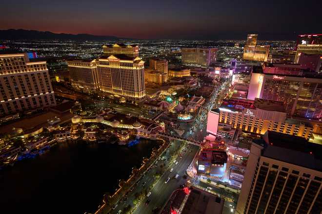 Cars drive along the Las Vegas Strip, Saturday, Aug. 2, 2025, in Las Vegas.