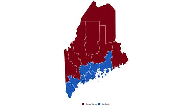 Map shows how Maine counties voted in the 2020 presidential election.