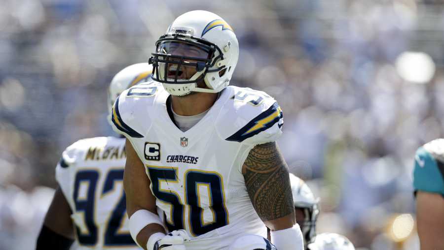San Diego Chargers inside linebacker Manti Te'o reacts during the first half of an NFL football game against the Jacksonville Jaguars, Sunday, Sept. 18, 2016, in San Diego.