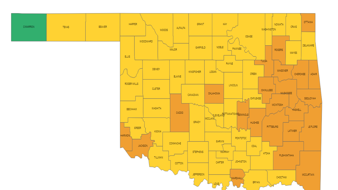 Coronavirus in Oklahoma Colorcoded map of COVID19