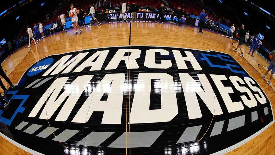 The March Madness logo is shown on the floor of the Moda Center before the Boise State Broncos take on the Memphis Tigers in the first round of the 2022 NCAA Men's Basketball Tournament on March 17, 2022 in Portland, Oregon.