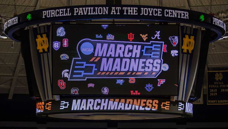 March Madness branding on the video board before a first-round college basketball game between Kent State and Notre Dame in the women&apos;s NCAA Tournament.