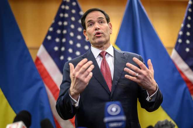 U.S. Secretary of State Marco Rubio holds a press conference following closed-door talks on a U.S. plan to end the war in Ukraine at the US Mission in Geneva, on Nov. 23, 2025.