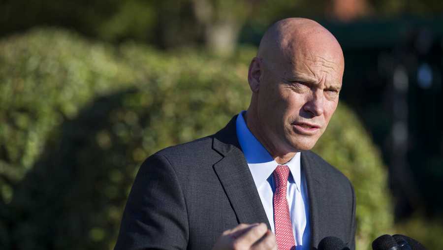 Marc Short, chief of staff for Vice President Mike Pence, speaks with reporters at the White House, Monday, Sept. 16, 2019, in Washington.