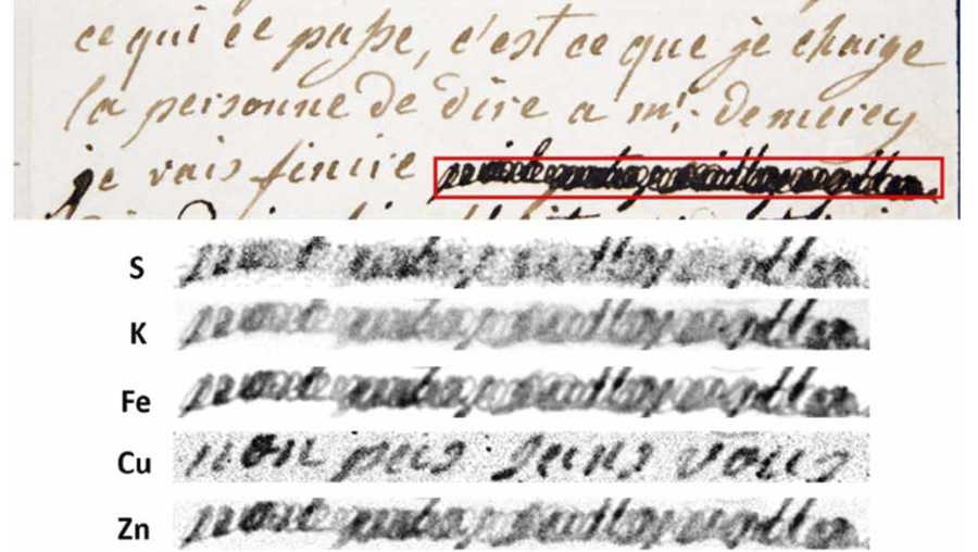 This image provided by researchers shows a section of a letter dated Jan. 4, 1792 by Marie-Antoinette, queen of France and wife of Louis XVI, to Swedish count Axel von Fersen, with a phrase (outlined in red) redacted by an unknown censor. The bottom half shows results from an X-ray fluorescence spectroscopy scan on the redacted words. The copper (Cu) section reveals the French words, “non pas sans vous" (“not without you").
