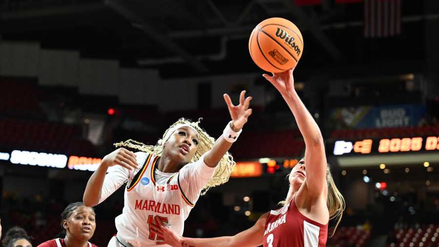 Christina Dalce #15 of the Maryland Terrapins and Sarah Ashlee Barker #3 of the Alabama Crimson Tide reach for a rebound during the first half of the Second Round of the 2025 NCAA Women&apos;s Basketball Tournament held at Xfinity Center on March 24, 2025.