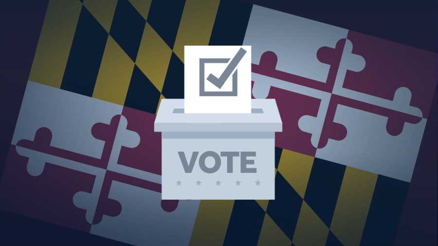 This is an image with the Maryland flag and a voter's ballot box.