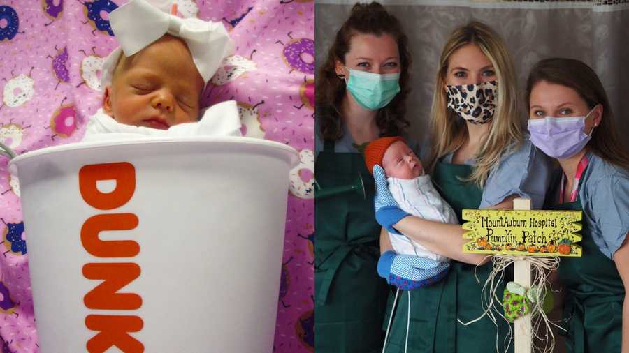 A baby at the UMass Memorial Medical Center wears a Dunkin' costume (left), while nurses at Mount Auburn Hospital posed with a newborn dressed as a pumpkin.