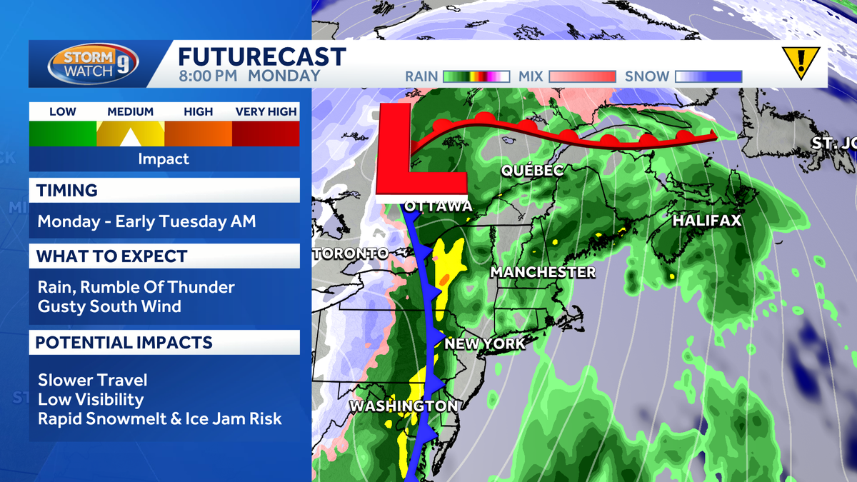 Snow continues in parts of New Hampshire Saturday; heavy rain, gusty winds likely Monday
