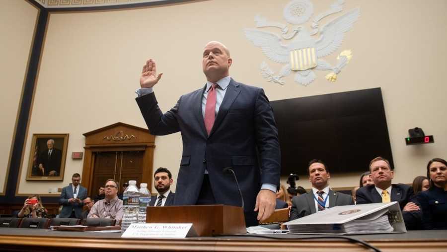 Acting Attorney General Matt Whitaker is sworn in before testifying at a House Judiciary Committee hearing on oversight of the Justice Department, on Capitol Hill in Washington on Feb. 8, 2019.