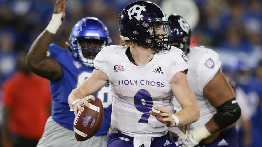 Holy Cross Crusaders quarterback Matthew Sluka (9) looks to pass during the third quarter of a college football game between the Holy Cross Crusaders and the Buffalo Bulls on September 10, 2022, at UB Stadium in Amherst, NY. (Icon Sportswire via Getty Images)