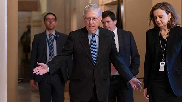 Senate Majority Leader Mitch McConnell, R-Ky., arrives for a closed meeting with fellow Republicans as he strategizes about the looming impeachment trial of President Donald Trump, at the Capitol in Washington, Tuesday, Jan. 7, 2020.