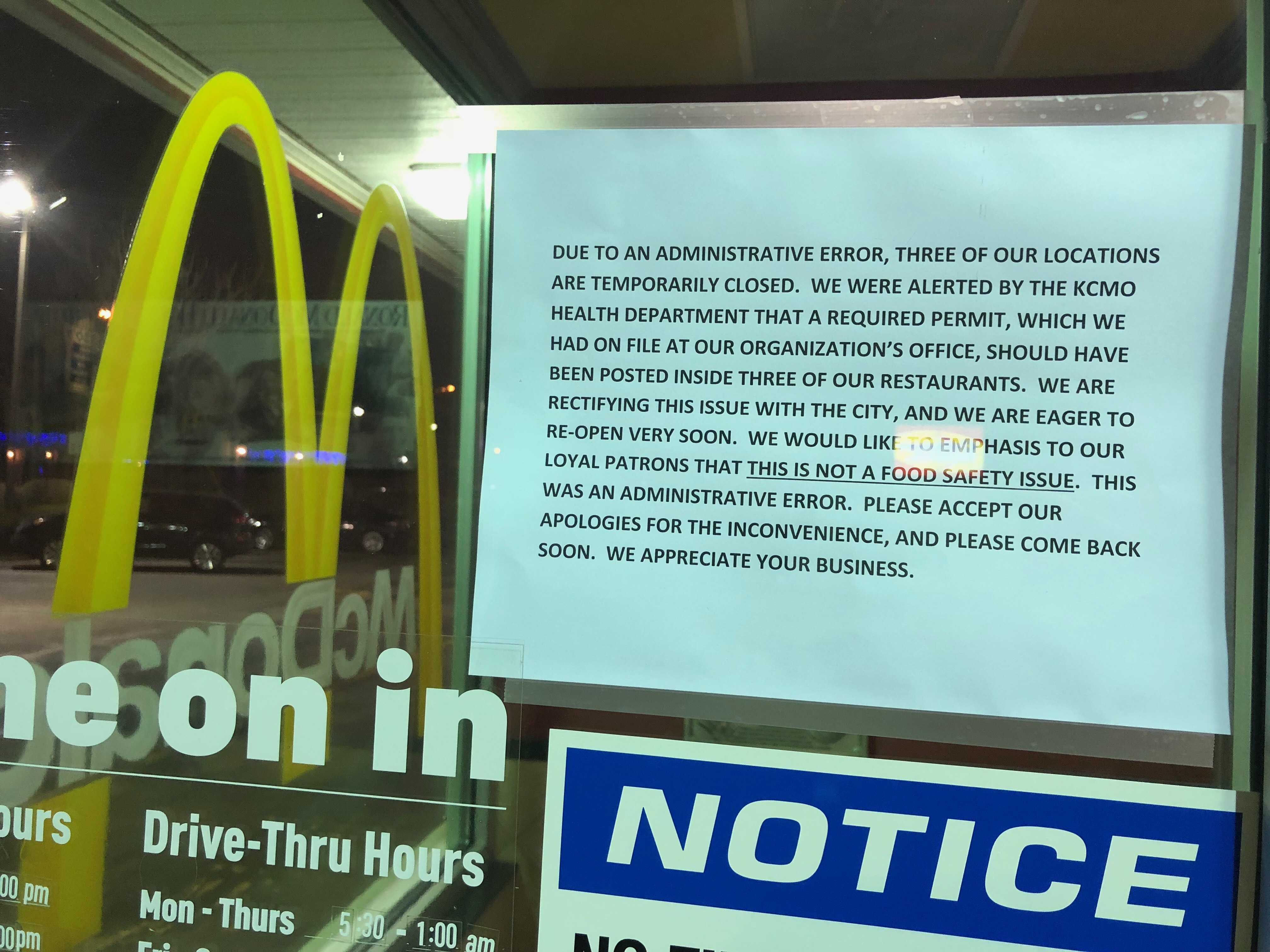 Multiple Area McDonald S Restaurants Closed Wednesday For Ongoing   Mcdonalds Notice 1519873603 