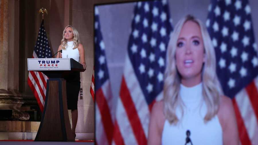 White House Press Secretary Kayleigh McEnany pre-records her address to the Republican National Convention from inside an empty Mellon Auditorium on Aug. 26, 2020 in Washington, D.C.