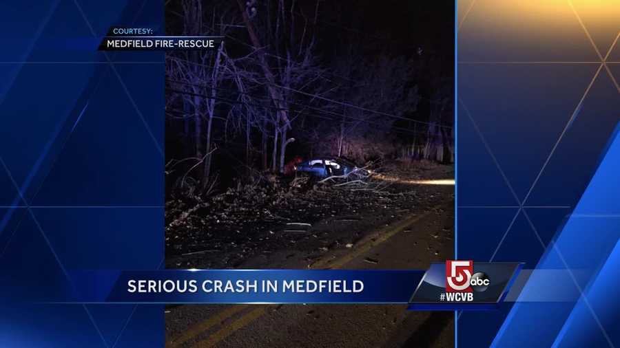 Vehicle slams into utility pole, snapping it in half in Medfield