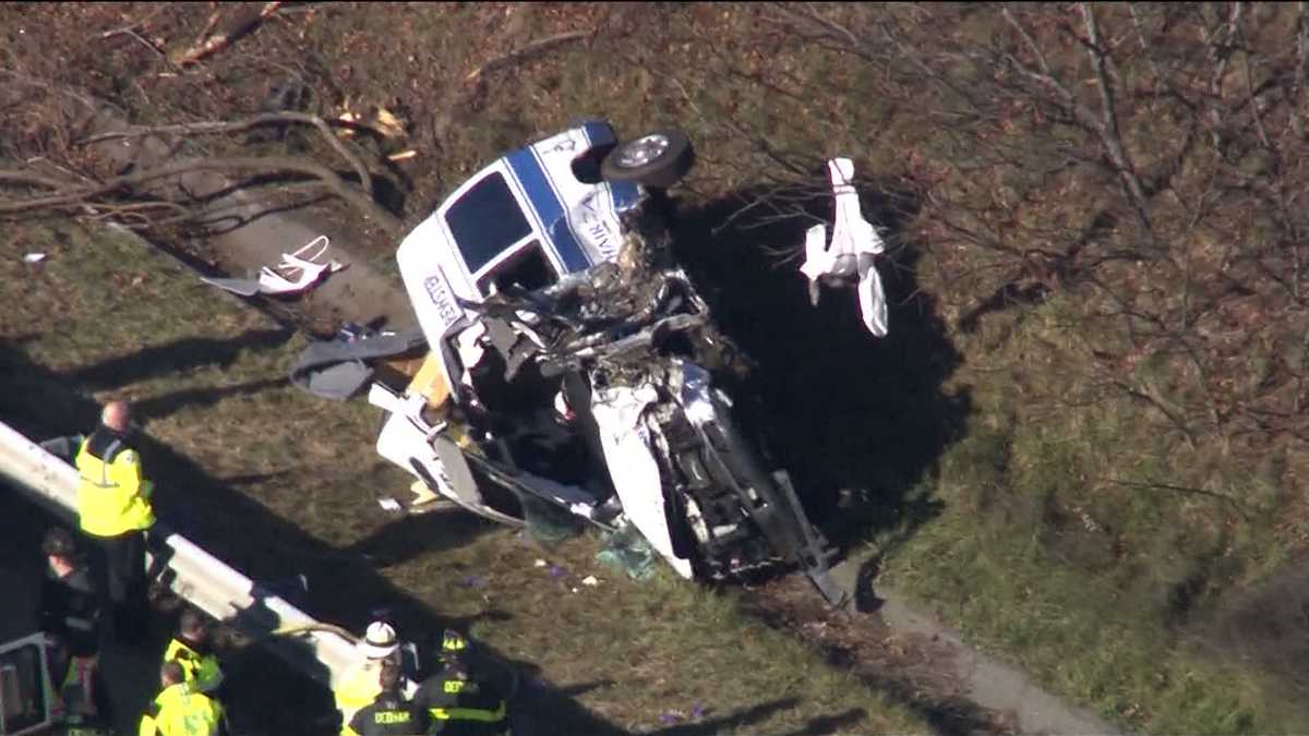 Medical transport van involved in rollover crash on Interstate 95 in Dedham