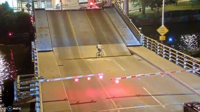 shows bicyclist falling into Wisconsin draw bridge gap
