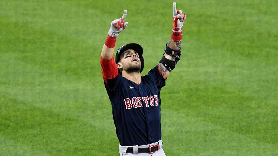Boston Red Sox's Michael Chavis celebrates after hitting a two-run home run against the Baltimore Orioles in the second inning of a baseball game, Saturday, May 8, 2021, in Baltimore. (AP Photo)