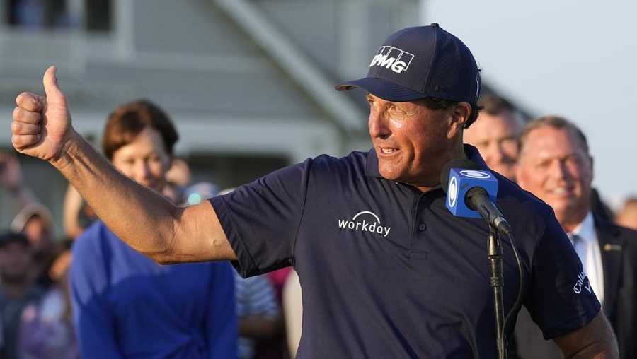 Phil Mickelson speaks after winning the PGA Championship golf tournament on the Ocean Course, May 23, 2021, in Kiawah Island, S.C. Mickelson has not been heard from in three months. It is uncertain if he will defend his title at Southern Hills on May 19-22. (AP Photo/David J. Phillip, File)