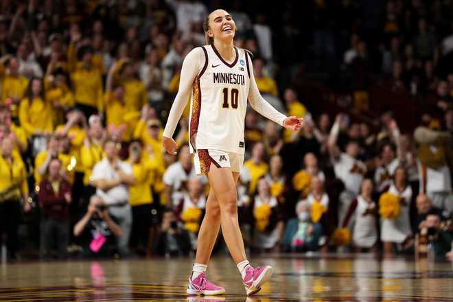 Minnesota guard Mara Braun (10) reacts during the second half in the first round of the NCAA college basketball tournament against Green Bay, Friday, March 20, 2026, in Minneapolis.