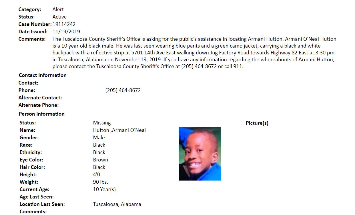 MISSING CHILD ALERT: 10-year-old boy missing in Tuscaloosa found safe
