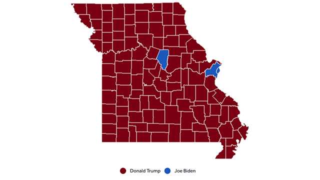 This map shows how counties in Missouri voted for president.