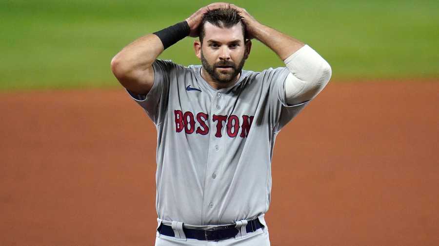 Boston Red Sox's Mitch Moreland heads to the dugout during the fifth inning of a baseball game against the Baltimore Orioles, Thursday, Aug. 20, 2020, in Baltimore. (AP Photo/Julio Cortez)