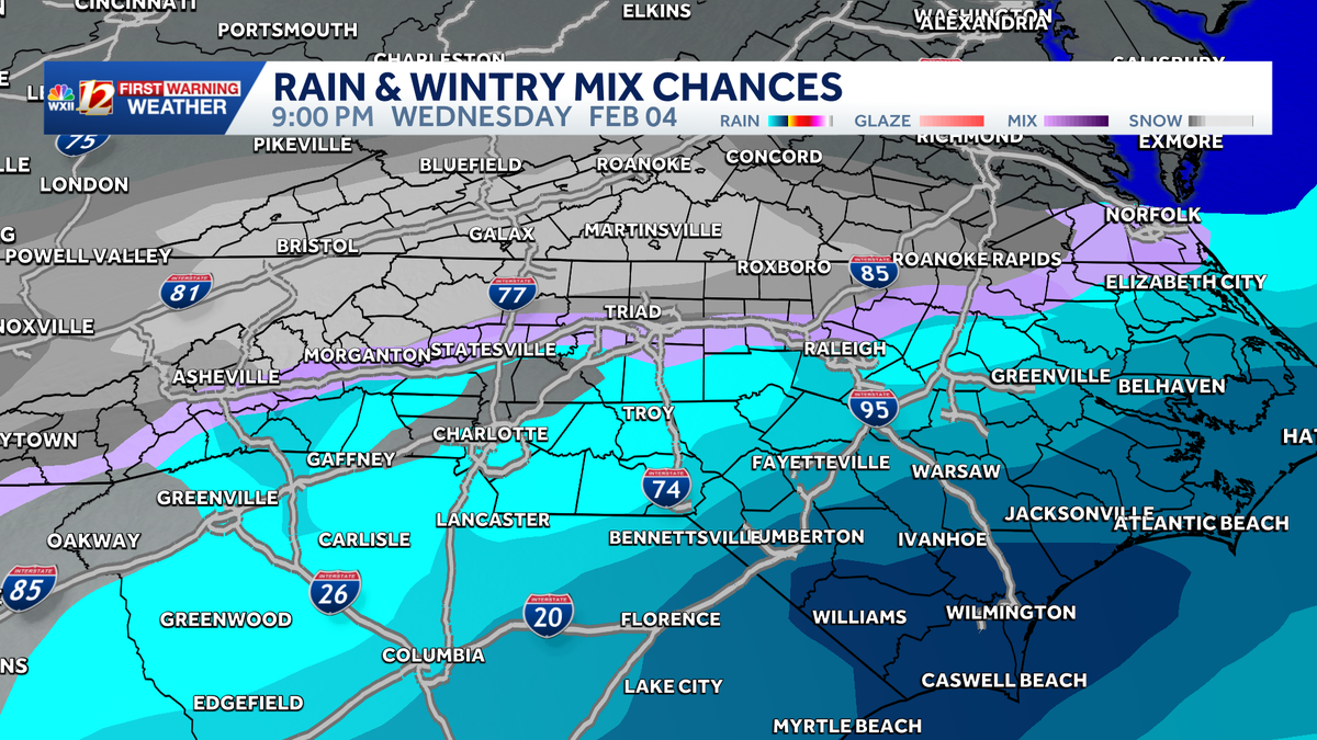 Cloudy Tuesday, rain/ wintry mix chances in North Carolina on Wednesday | Black ice threat Thursday