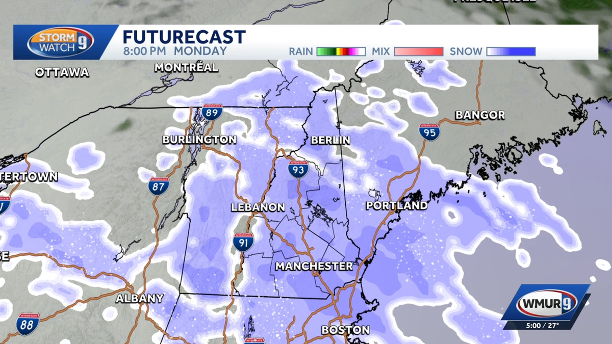 Light snow Monday could make evening commute slippery in parts of NH; wintry mix expected Tuesday