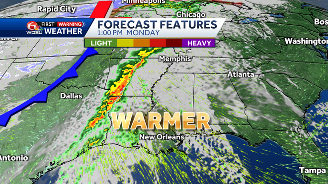 New Orleans weather forecast high Sunday rain chances Monday