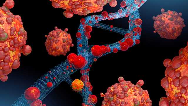 3D generated image of DNA spiral being attacked by monkeypox Virus.