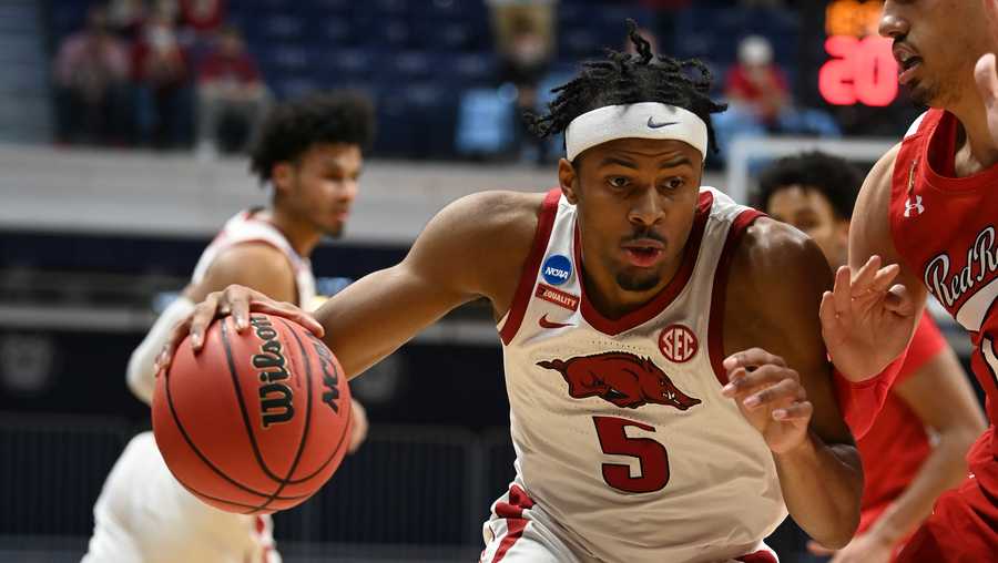 INDIANAPOLIS, IN - MARCH 21: The Texas Tech Red Raiders take on the Arkansas Razorbacks in the second round of the 2021 NCAA Division I Men’s Basketball Tournament held at Hinkle Fieldhouse on March 21, 2021 in Indianapolis, Indiana. (Photo by Brett Wilhelm/NCAA Photos via Getty Images)