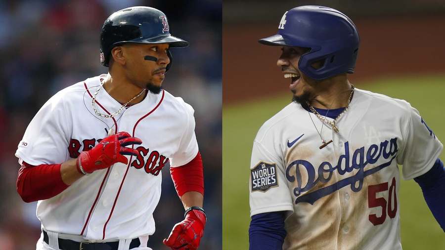 Mookie Betts in Red Sox and Dodgers uniforms